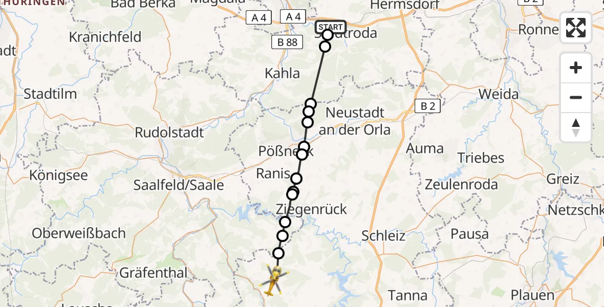 Flugroute Rettungshubschrauber Stadtroda - Remptendorf, 19 Mai 2026, 09:50