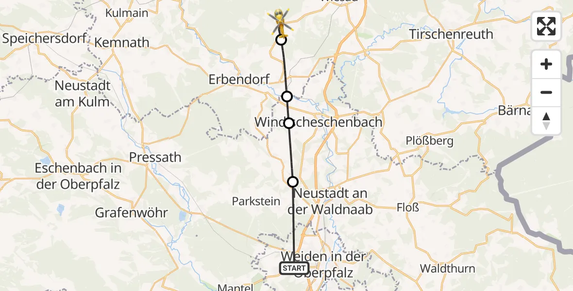 Flugroute Rettungshubschrauber Weiden i.d.OPf. - Friedenfels, 19 Mai 2026, 09:51