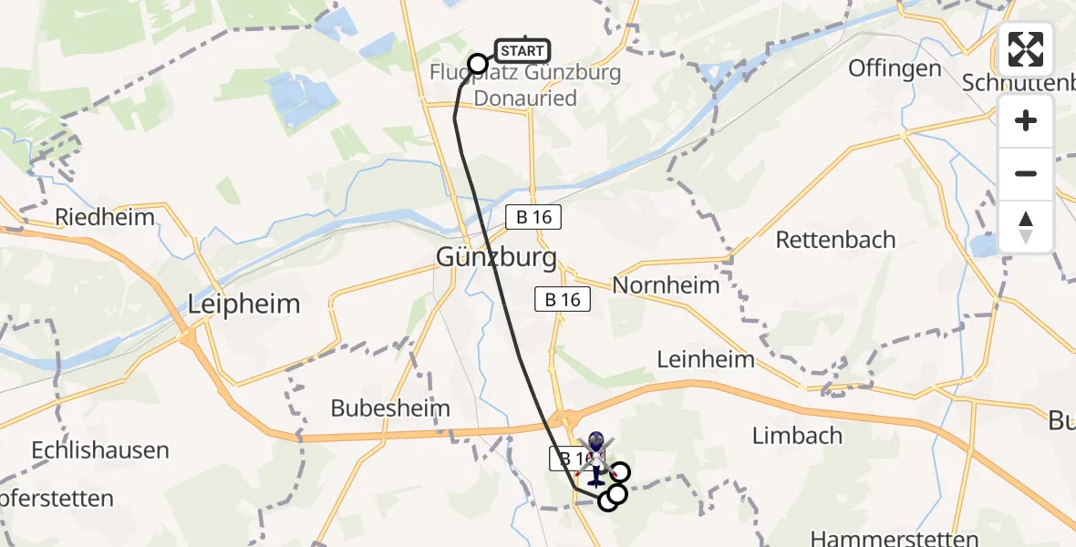 Flugroute Polizeihubschrauber Günzburg-Donauried Flugplatz - Legoland Hubschrauberlandeplatz, 19 Mai 2026, 09:56
