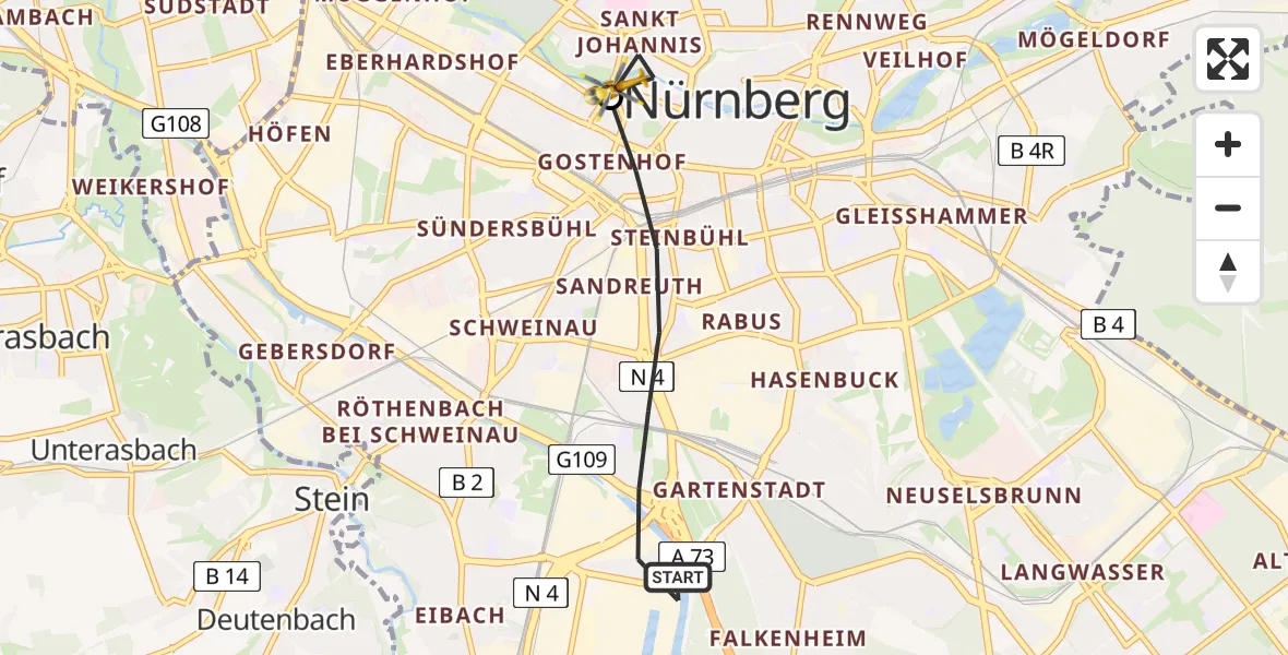 Flugroute Ambulanzhubschrauber Nürnberg - Deutschherrnwiese Hubschrauberlandeplatz, 19 Mai 2026, 09:59