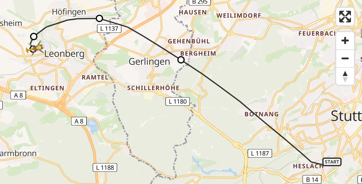 Flugroute Rettungshubschrauber Stuttgart - Leonberg Hospital, 19 Mai 2026, 09:59