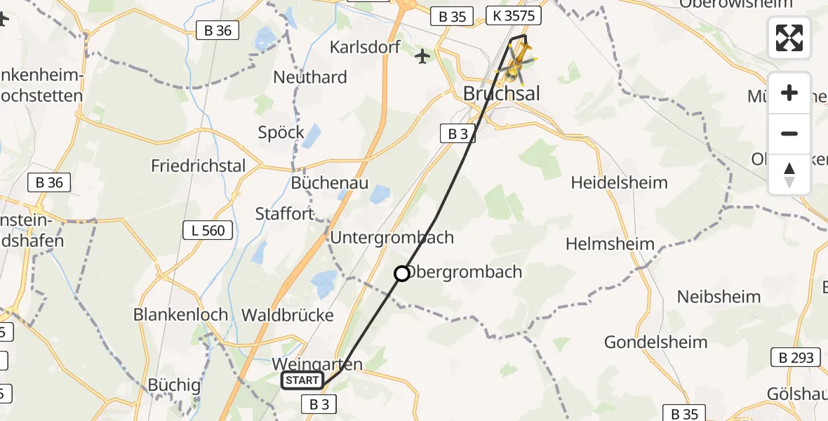 Flugroute Rettungshubschrauber Weingarten (Baden) - Bruchsal, 19 Mai 2026, 10:08