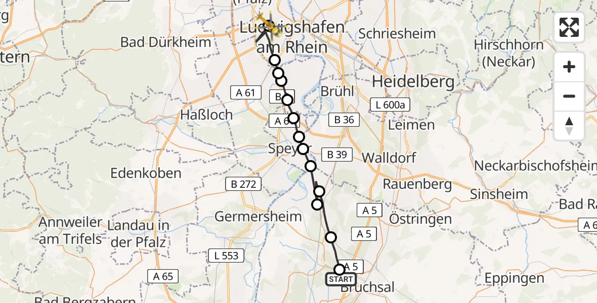 Flugroute Rettungshubschrauber Karlsdorf-Neuthard - Ludwigshafen Accident Hospital, 19 Mai 2026, 10:09