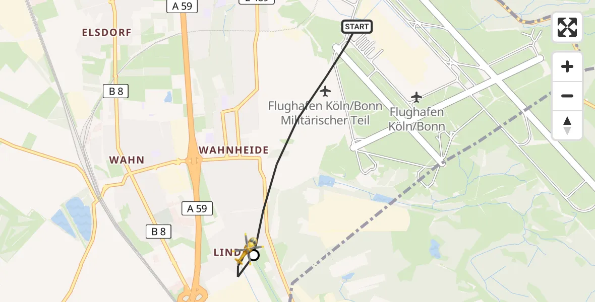 Flugroute Rettungshubschrauber Köln Bonn Flughafen - Köln, 19 Mai 2026, 10:10