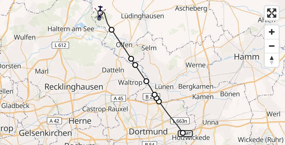 Flugroute Polizeihubschrauber Dortmund Flughafen - Borkenberge Flugplatz, 19 Mai 2026, 10:13