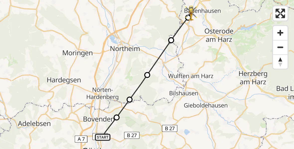 Flugroute Rettungshubschrauber Göttingen - Bad Grund (Harz), 19 Mai 2026, 10:16