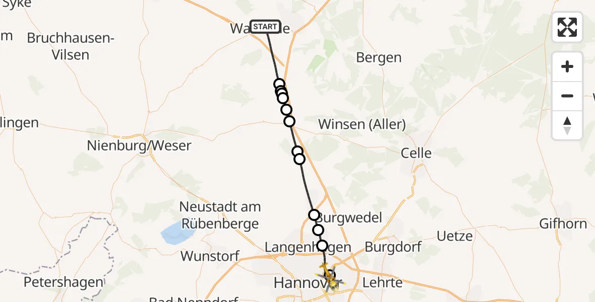 Flugroute Rettungshubschrauber Walsrode - Hannover Luftrettung Hubschrauberlandeplatz (Christoph 4), 19 Mai 2026, 10:24