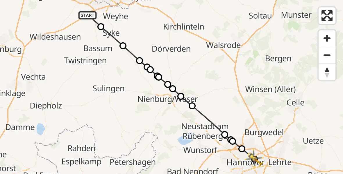 Flugroute Rettungshubschrauber Stuhr - Hannover Luftrettung Hubschrauberlandeplatz (Christoph 4), 19 Mai 2026, 10:24