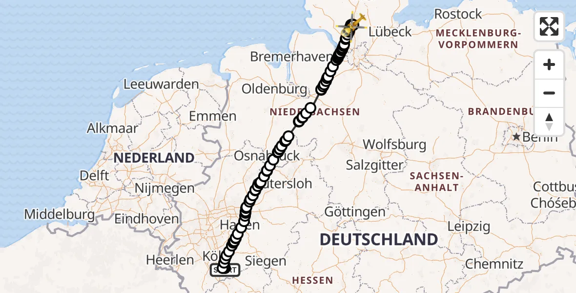 Flugroute Rettungshubschrauber Bonn-Hangelar Flugplatz - Bad Bramstedt Hubschrauberlandeplatz, 19 Mai 2026, 10:24