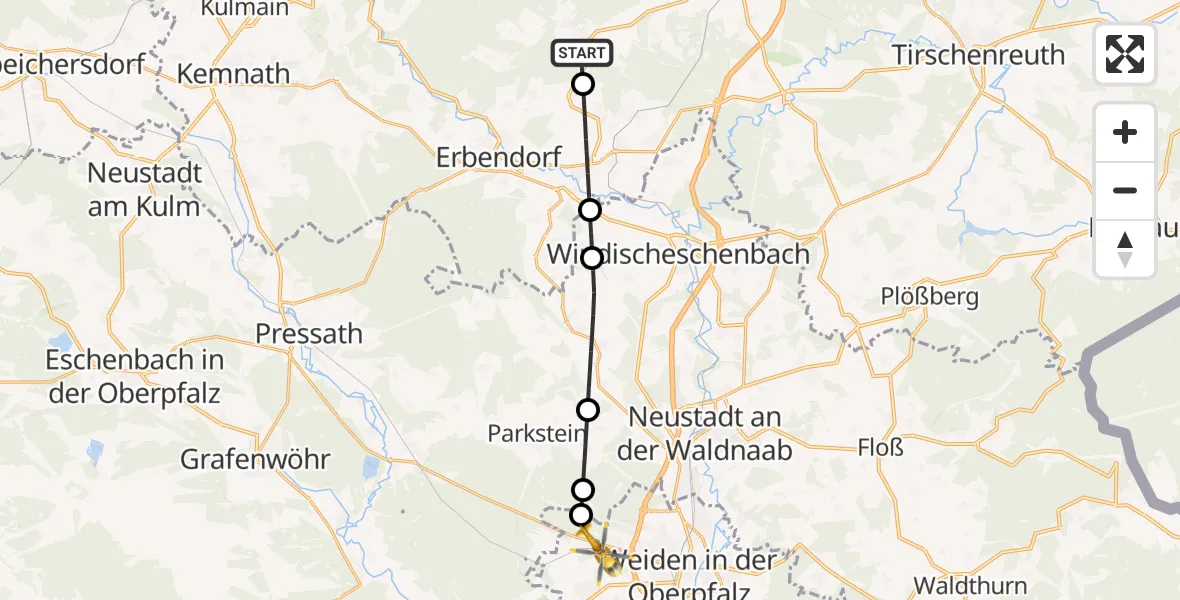 Flugroute Rettungshubschrauber Friedenfels - Weiden i.d.OPf., 19 Mai 2026, 10:25