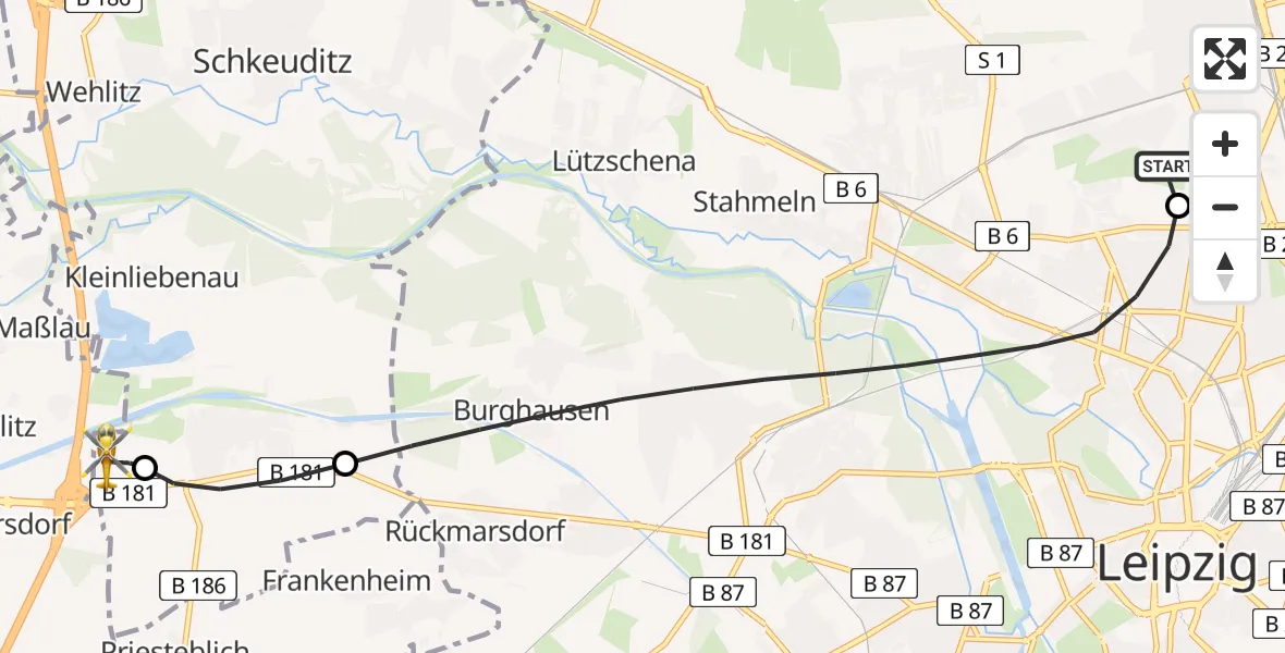 Flugroute Rettungshubschrauber Sankt Georg Hospital Leipzig Reserve - ADAC Air Rescue Station Leipzig/Schkeuditz-Dölzig Hubschrauberlandeplatz (Christoph 61), 19 Mai 2026, 10:28