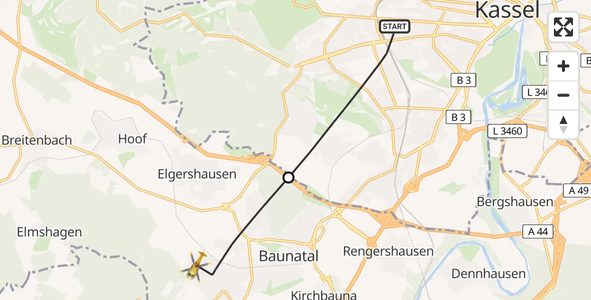Flugroute Rettungshubschrauber Kassel - Baunatal, 19 Mai 2026, 10:29