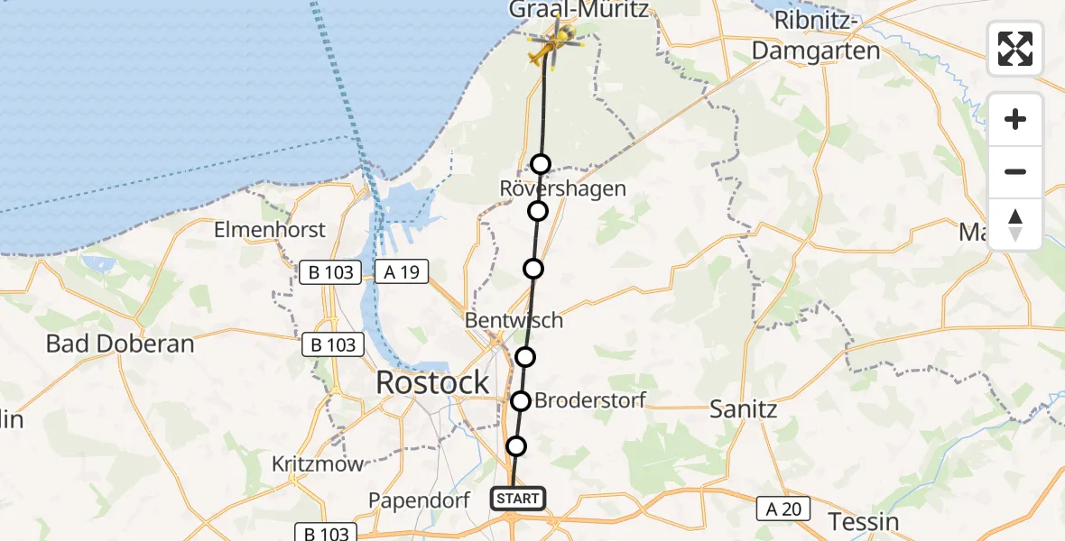 Flugroute Ambulanzhubschrauber Dummerstorf - Rostock, 19 Mai 2026, 10:31
