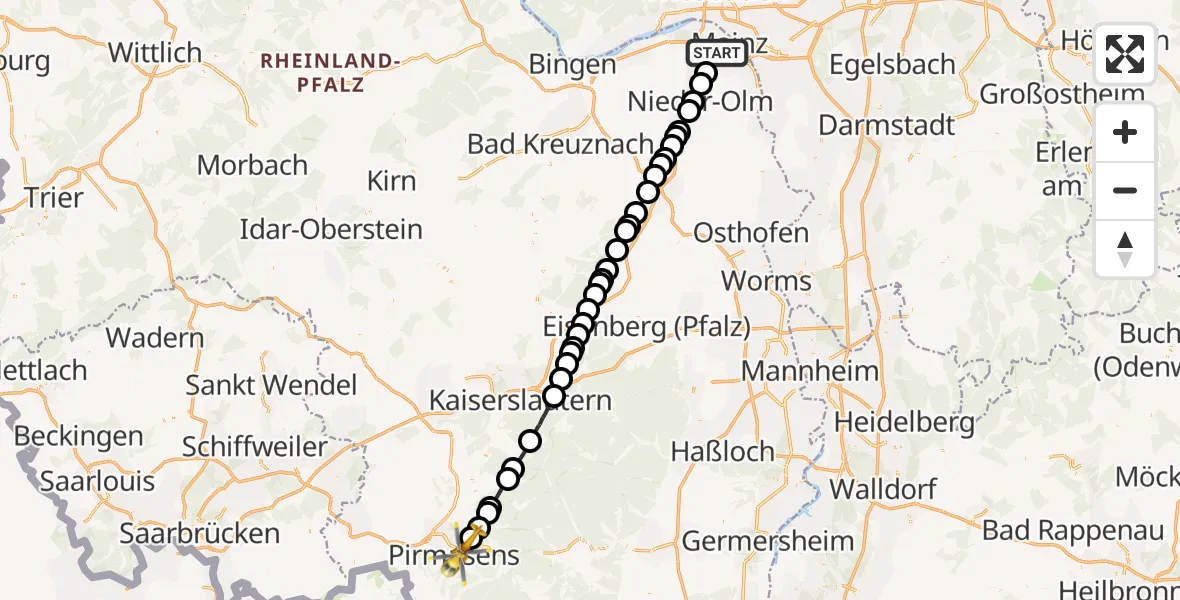 Flugroute Ambulanzhubschrauber Mainz - Pirmasens, 19 Mai 2026, 10:35