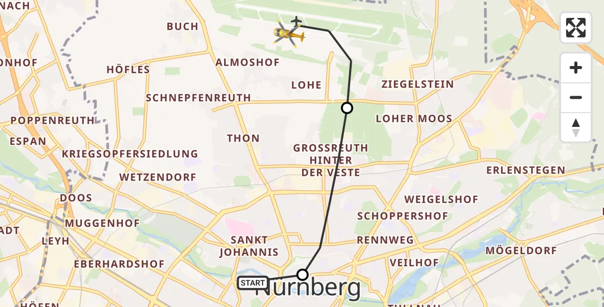 Flugroute Ambulanzhubschrauber Deutschherrnwiese Hubschrauberlandeplatz - Flughafen Nuremberg, 19 Mai 2026, 10:36