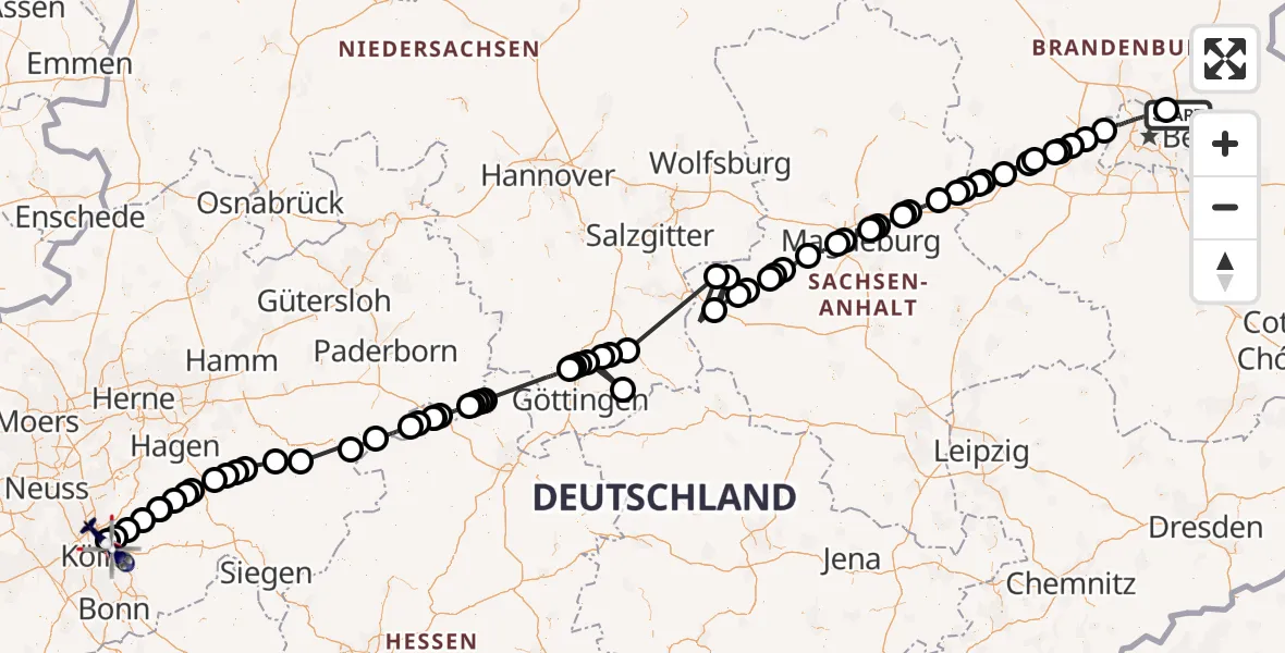 Flugroute Polizeihubschrauber Panketal - Köln, 19 Mai 2026, 10:37