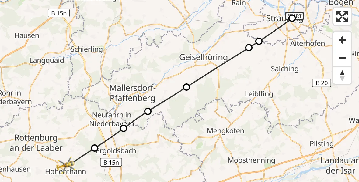 Flugroute Rettungshubschrauber Sankt Elisabeth Hospital Straubing - Hohenthann, 19 Mai 2026, 10:41