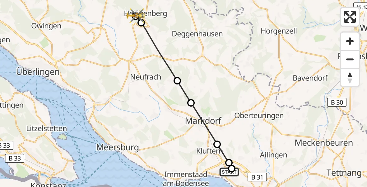 Flugroute Rettungshubschrauber Friedrichshafen Hospital - Heiligenberg, 19 Mai 2026, 10:45