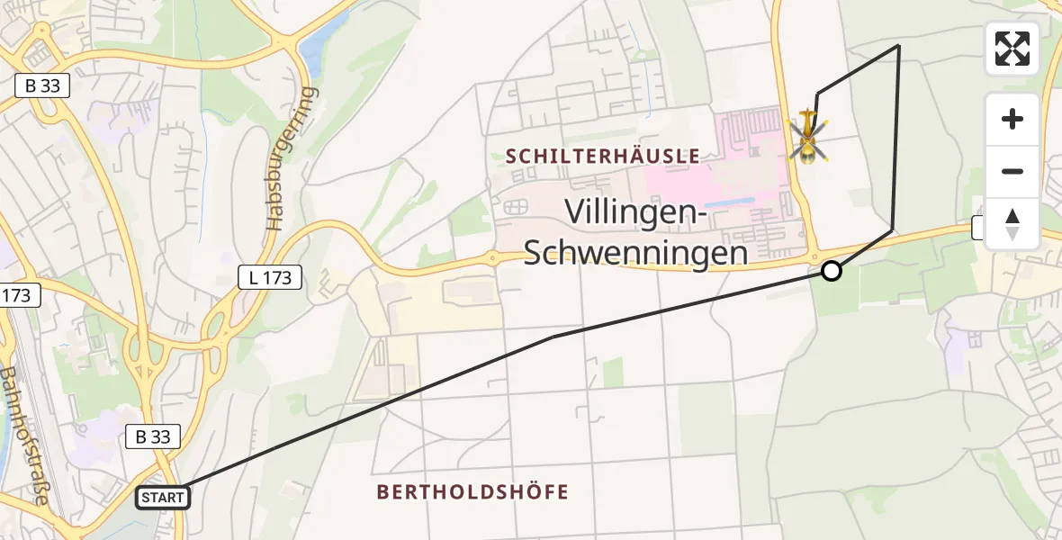 Flugroute Rettungshubschrauber Villingen-Schwenningen - DRF Air Rescue Station Villingen-Schwenningen Hubschrauberlandeplatz (Christoph 11), 19 Mai 2026, 10:45
