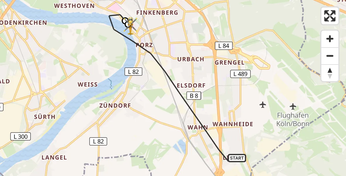 Flugroute Rettungshubschrauber Köln - Porz am Rhein Hospital, 19 Mai 2026, 10:45