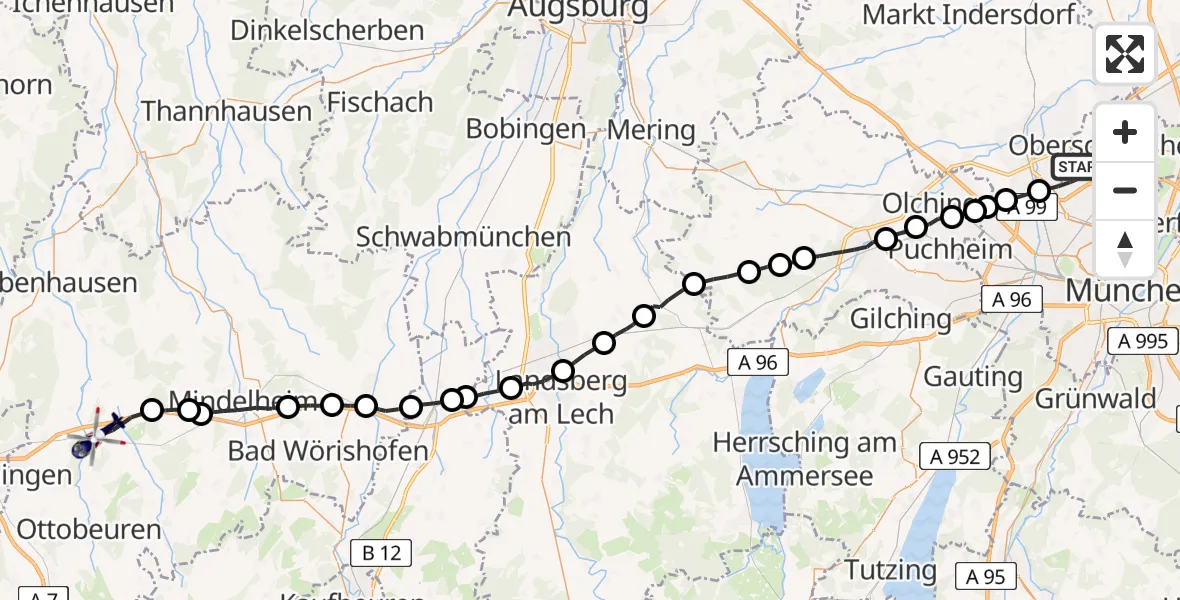 Flugroute Polizeihubschrauber München - Westerheim, 19 Mai 2026, 10:47