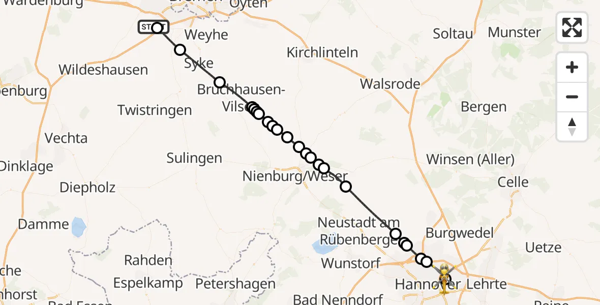 Flugroute Rettungshubschrauber Groß Ippener - Hannover Luftrettung Hubschrauberlandeplatz (Christoph 4), 19 Mai 2026, 10:47