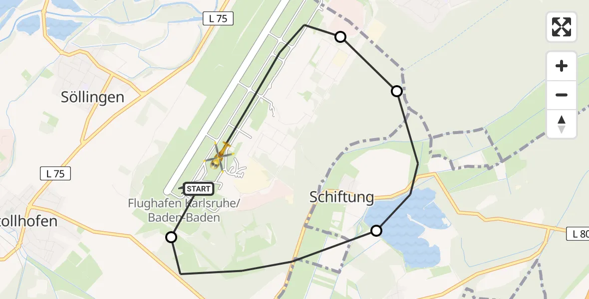Flugroute Ambulanzhubschrauber Karlsruhe Baden-Baden Flughafen - Karlsruhe Baden-Baden Flughafen, 19 Mai 2026, 10:48