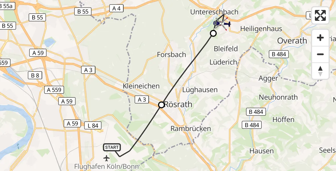 Flugroute Polizeihubschrauber Köln Bonn Flughafen - Overath, 19 Mai 2026, 10:50