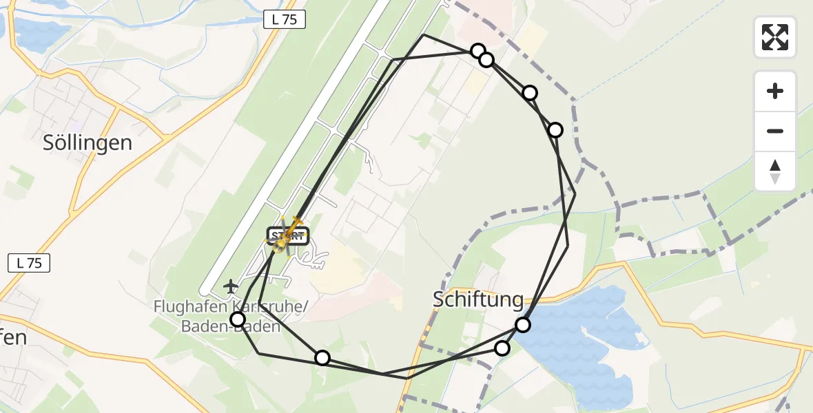 Flugroute Ambulanzhubschrauber Karlsruhe Baden-Baden Flughafen - Karlsruhe Baden-Baden Flughafen, 19 Mai 2026, 10:52
