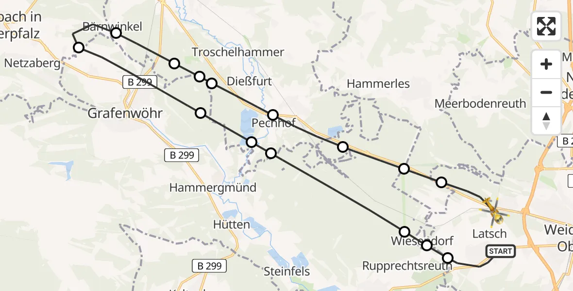 Flugroute Rettungshubschrauber Weiden i.d.OPf. - Weiden i.d.OPf., 19 Mai 2026, 10:53