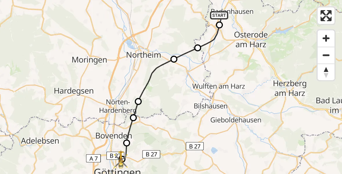 Flugroute Rettungshubschrauber Bad Grund (Harz) - Göttingen University Clinic Hubschrauberlandeplatz, 19 Mai 2026, 10:54