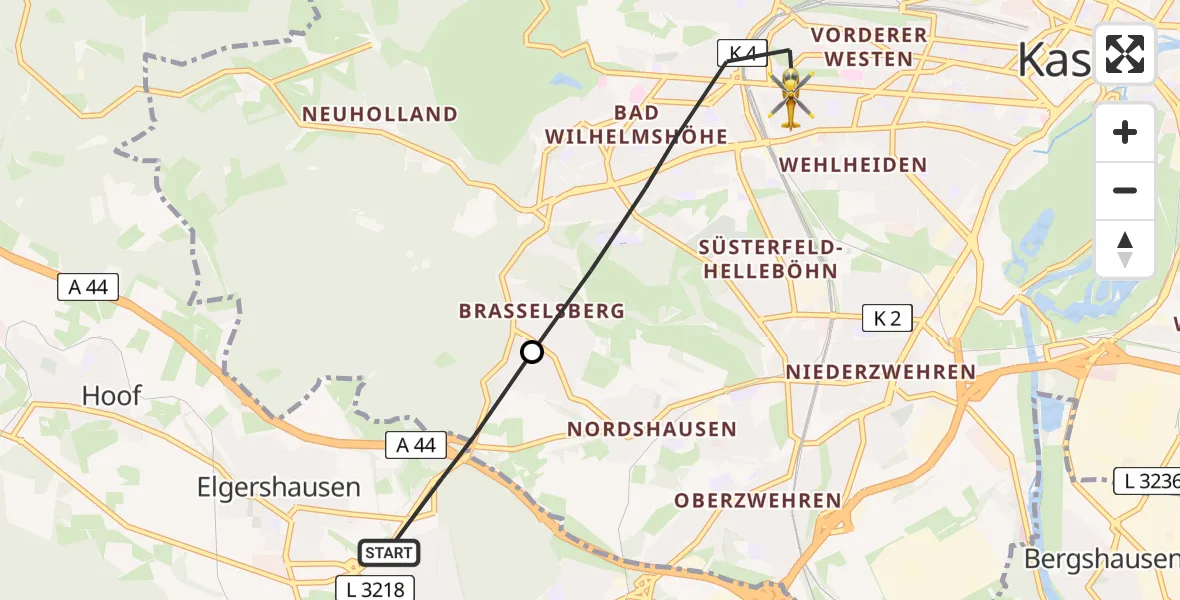 Flugroute Rettungshubschrauber Baunatal - Kassel, 19 Mai 2026, 10:56