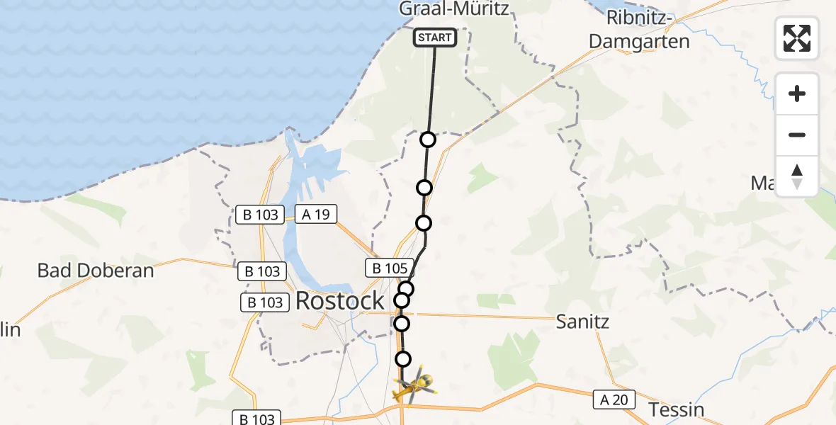 Flugroute Ambulanzhubschrauber Rostock - Dummerstorf, 19 Mai 2026, 10:57