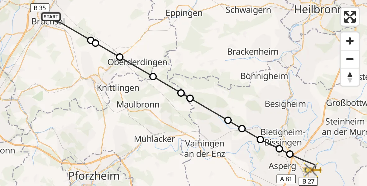 Flugroute Rettungshubschrauber Bruchsal - Ludwigsburg, 19 Mai 2026, 10:58