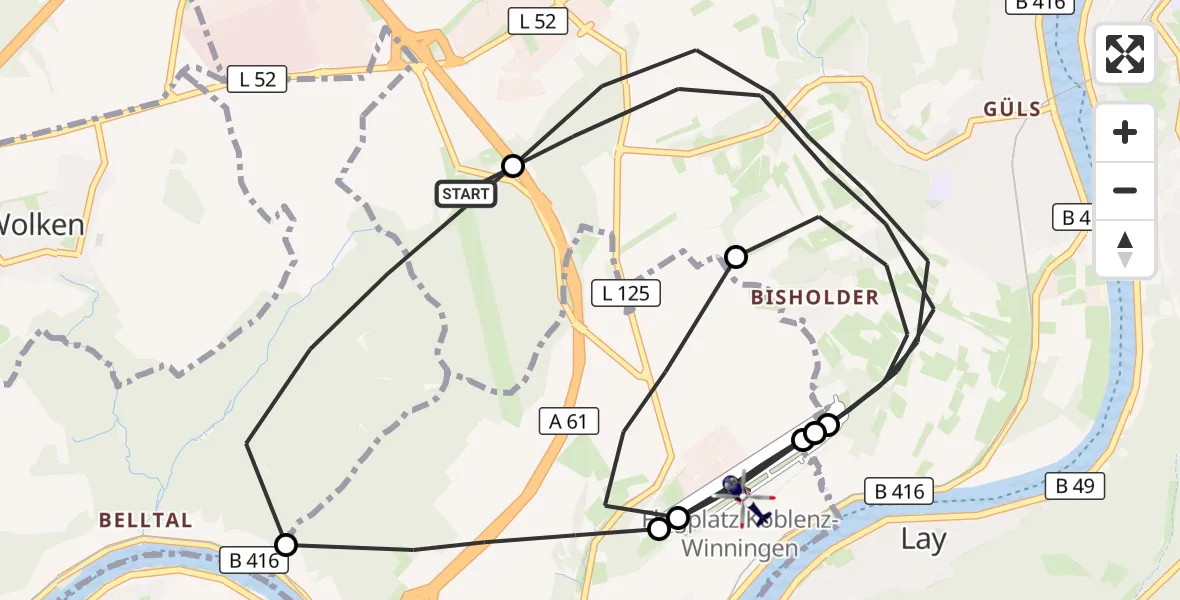 Flugroute Polizeihubschrauber Koblenz - Koblenz-Winningen Flugplatz, 19 Mai 2026, 10:59