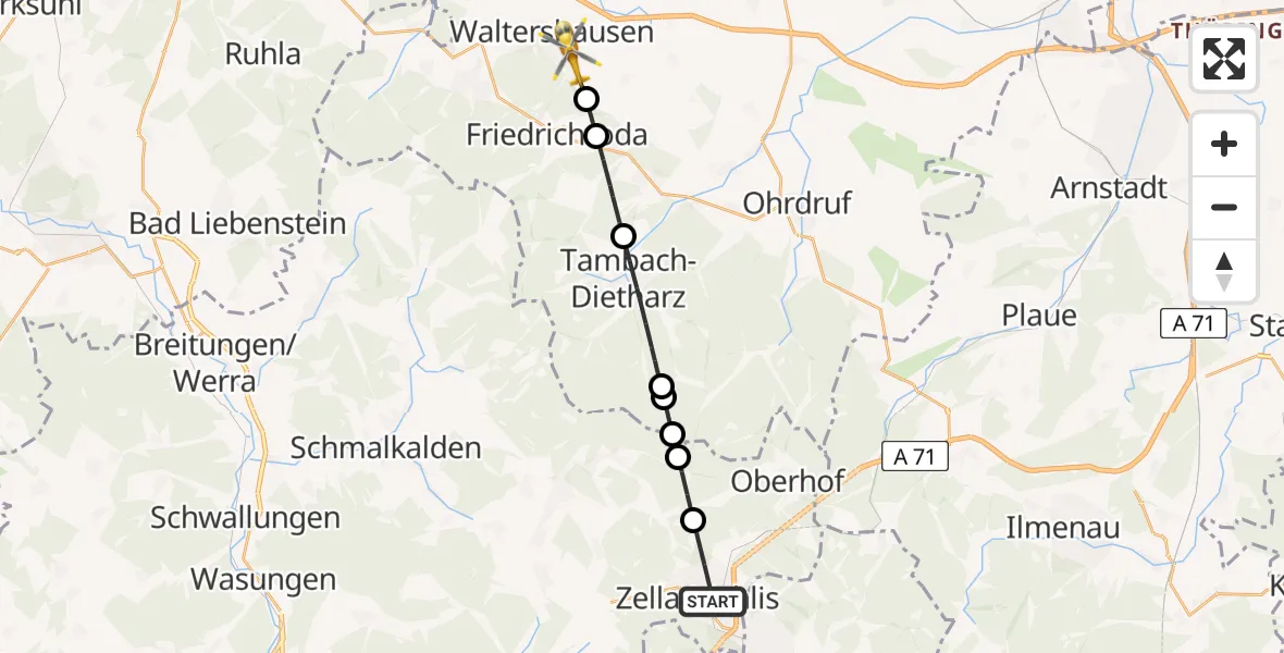 Flugroute Rettungshubschrauber Zella-Mehlis - Waltershausen, 19 Mai 2026, 11:04
