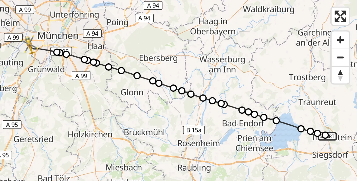 Flugroute Rettungshubschrauber Traunstein Hospital - DRF Air Rescue München Hubschrauberlandeplatz, 19 Mai 2026, 11:04