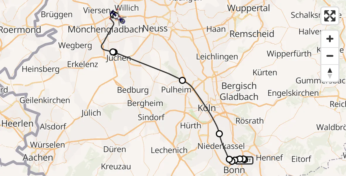 Flugroute Polizeihubschrauber Sankt Augustin - Mönchengladbach Flughafen, 19 Mai 2026, 11:10