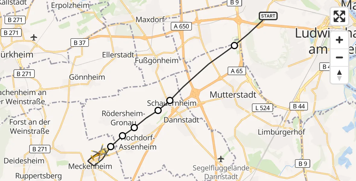 Flugroute Rettungshubschrauber Ludwigshafen am Rhein - Meckenheim, 19 Mai 2026, 11:20