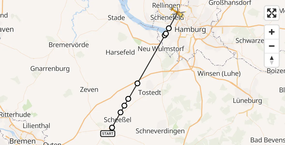 Flugroute Ambulanzhubschrauber Rotenburg (Wümme) - Hamburg, 19 Mai 2026, 11:23