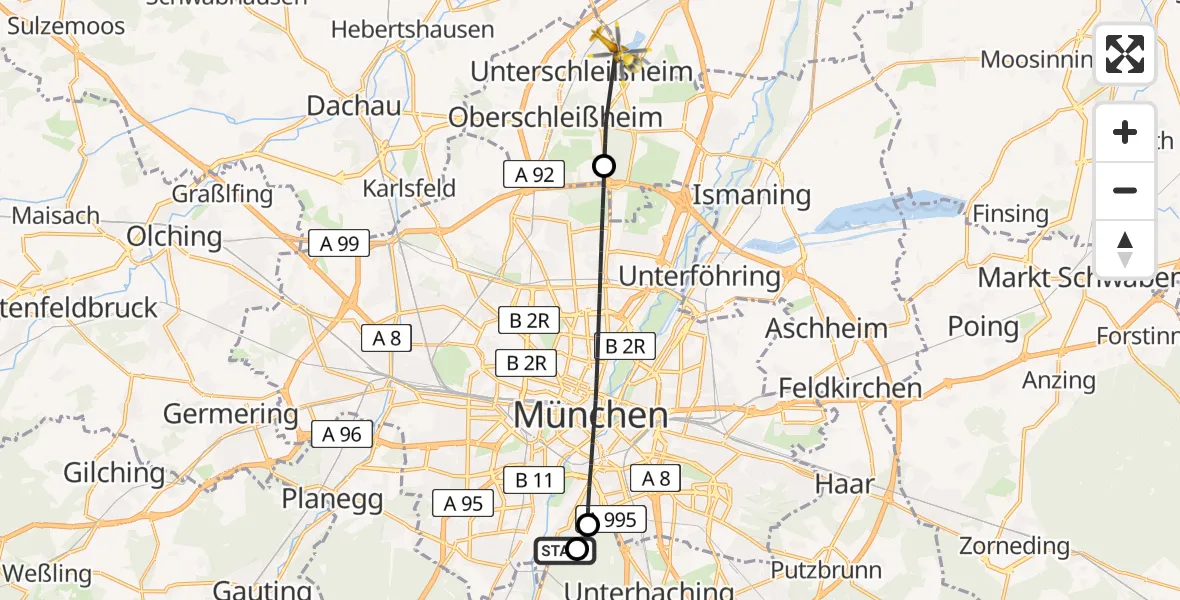 Flugroute Rettungshubschrauber ADAC Air Rescue Center Hubschrauberlandeplatz (Christoph 1) - Unterschleißheim, 19 Mai 2026, 11:23