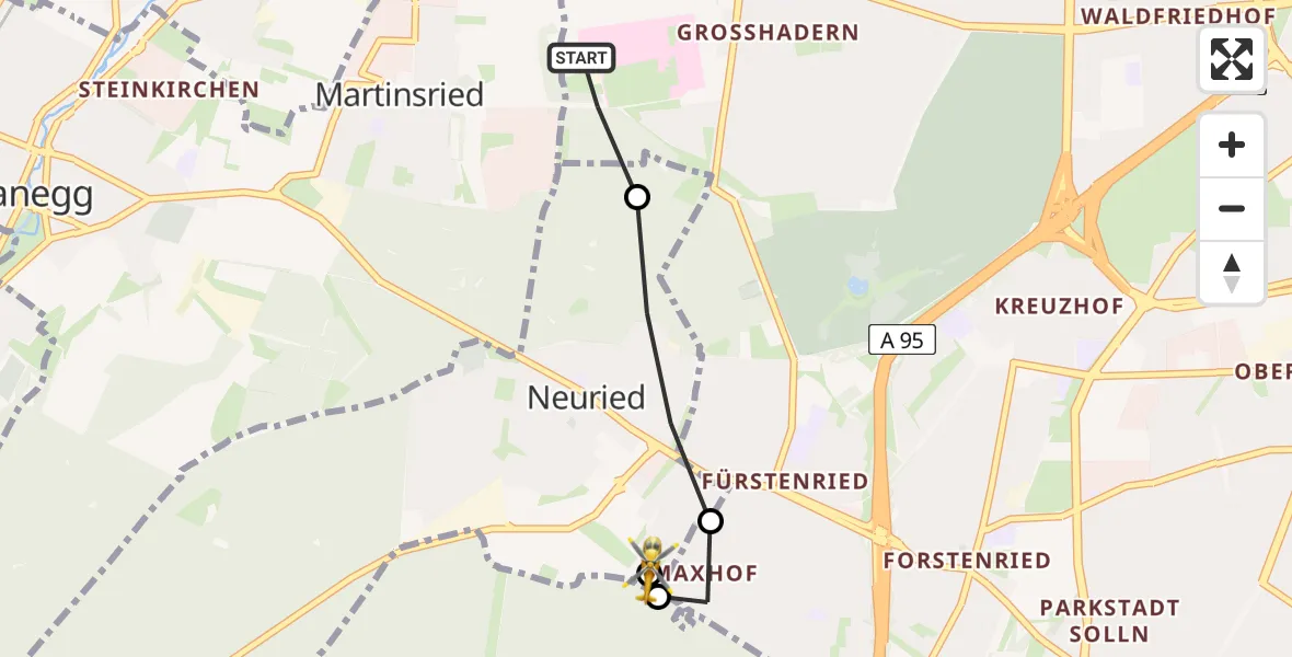 Flugroute Rettungshubschrauber DRF Air Rescue München Hubschrauberlandeplatz - Neuried, 19 Mai 2026, 11:27