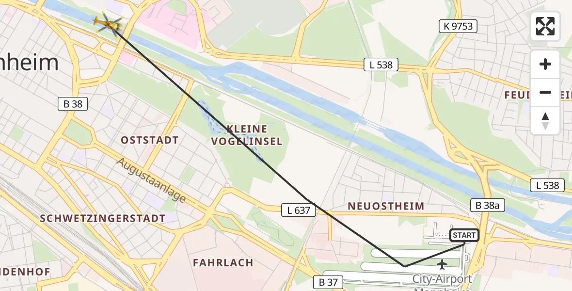 Flugroute Rettungshubschrauber Mannheim-City Flughafen - Mannheim, 19 Mai 2026, 11:27