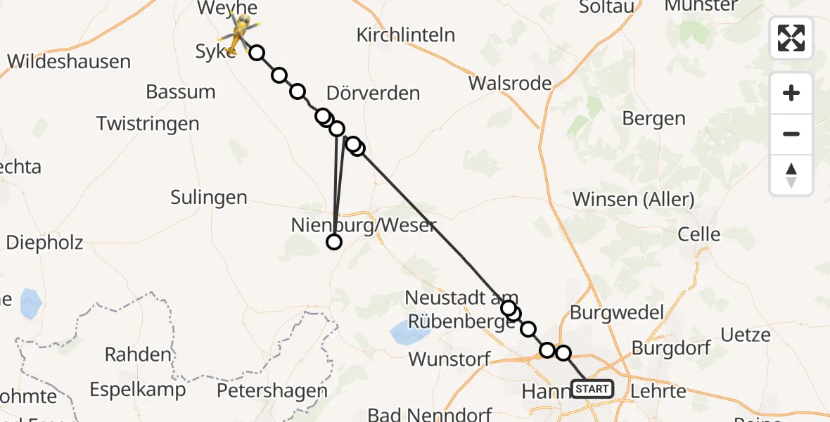 Flugroute Rettungshubschrauber Hannover - Syke, 19 Mai 2026, 11:37