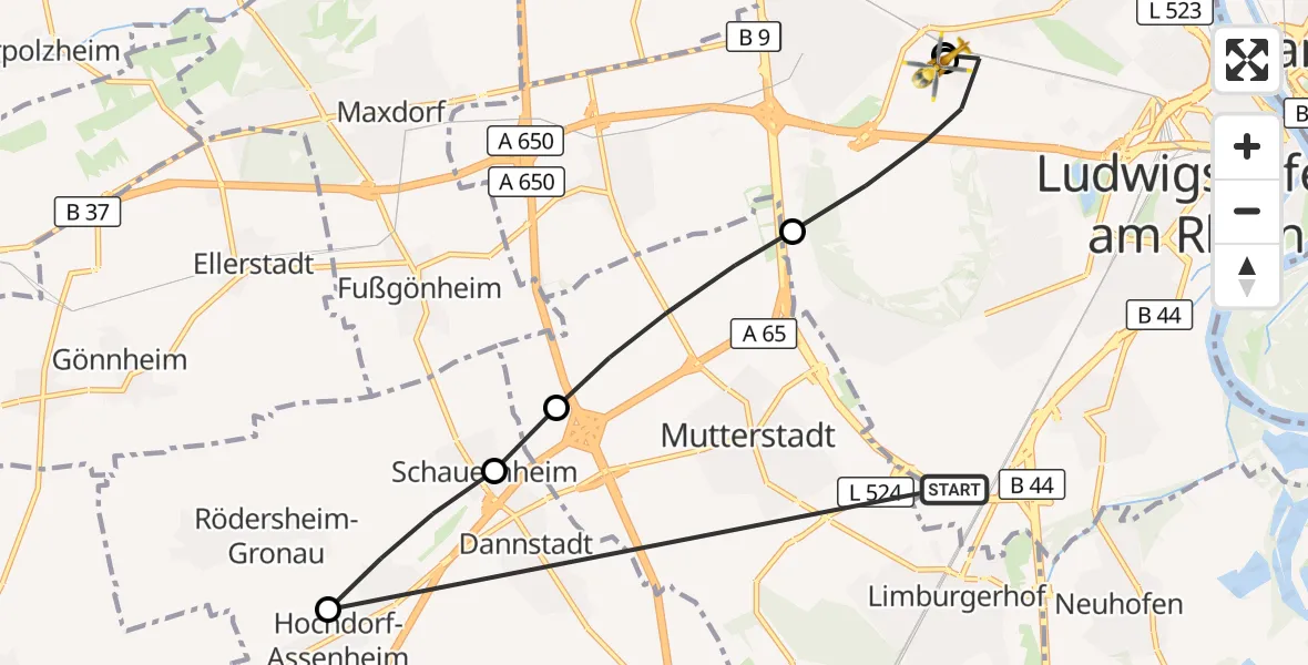 Flugroute Rettungshubschrauber Ludwigshafen am Rhein - Ludwigshafen Accident Hospital, 19 Mai 2026, 11:38