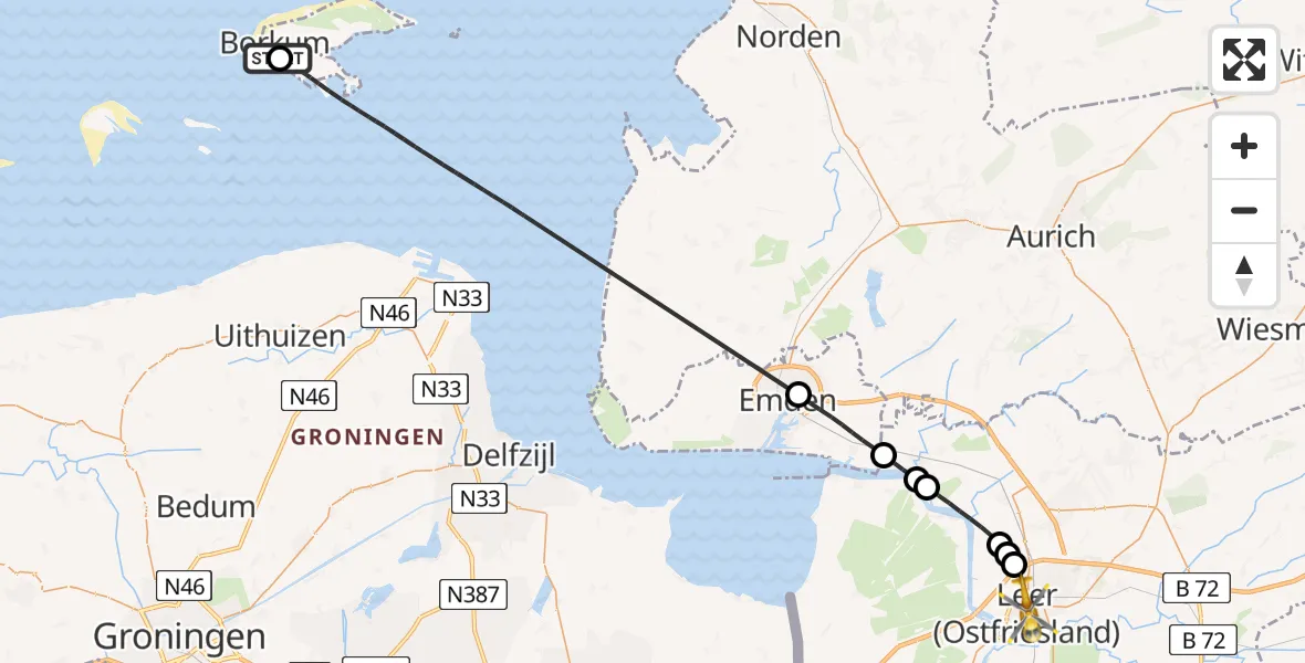 Flugroute Ambulanzhubschrauber Borkum Island Hospital - Leer (Ostfriesland), 19 Mai 2026, 11:38