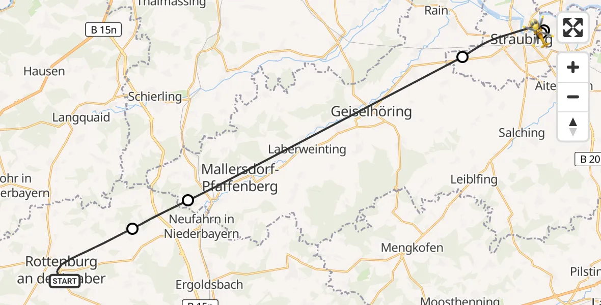 Flugroute Rettungshubschrauber Rottenburg a.d.Laaber - Sankt Elisabeth Hospital Straubing, 19 Mai 2026, 11:40