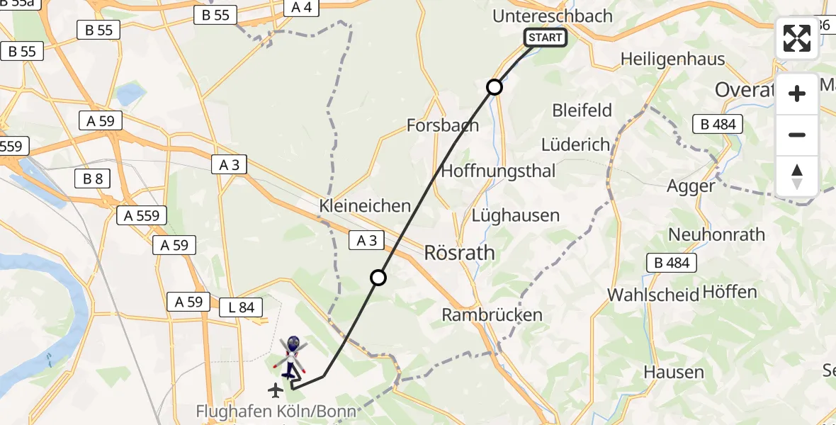 Flugroute Polizeihubschrauber Overath - Köln Bonn Flughafen, 19 Mai 2026, 11:41