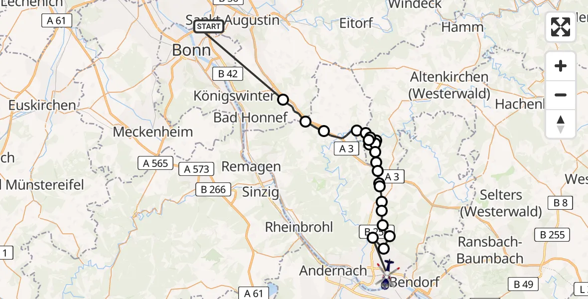 Flugroute Polizeihubschrauber Bonn - Neuwied, 19 Mai 2026, 11:45