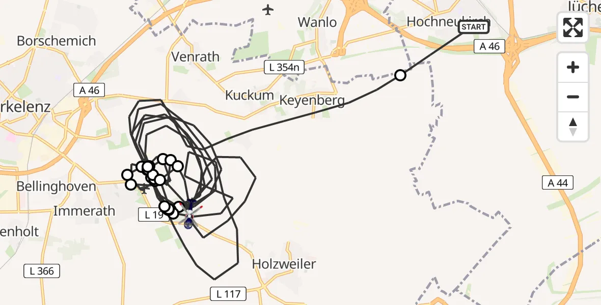 Flugroute Polizeihubschrauber Jüchen - Erkelenz, 19 Mai 2026, 11:52